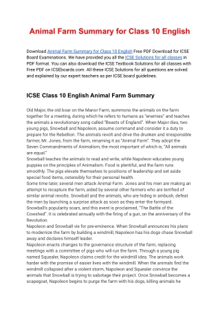 Animal Farm Summary for Class 10 English Free PDF