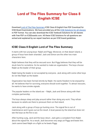 Lord of The Flies Summary ICSE Class 8 English Free PDF