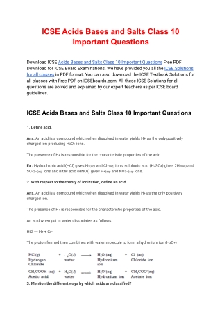 Acids Bases and Salts Class 10 Important Questions ICSE Free PDF