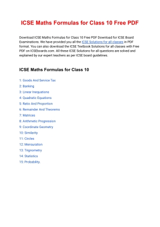 Maths Formulas for Class 10 ICSE Free PDF Download