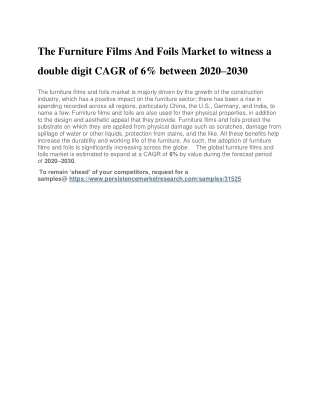 The Furniture Films And Foils Market to witness a double digit CAGR of