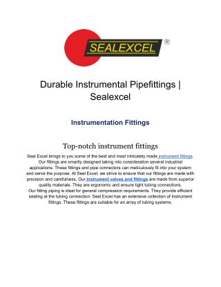 Durable Instrumental Pipefittings | Sealexcel