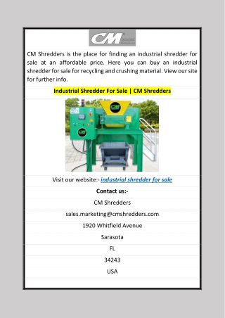 Industrial Shredder For Sale  CM Shredders