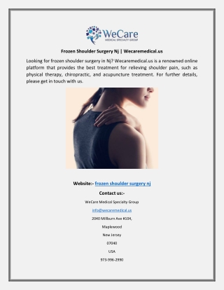 Frozen Shoulder Surgery Nj Wecaremedical.us