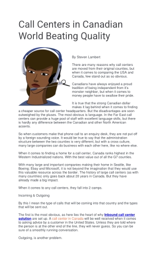 Call Centers in Canadian World Beating Quality