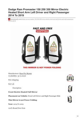 imsautoparts.com-Dodge Ram Promaster 150 250 350 Mirror Electric Heated Short Arm Left Driver and Right Passenger 2014