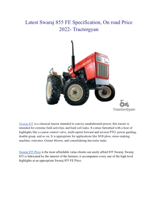 Latest Swaraj 855 FE Specification, On road Price 2022- Tractorgyan