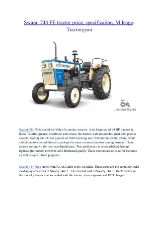 Swaraj 744 FE tractor price, specification, Mileage- Tractorgyan