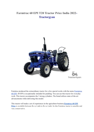 Farmtrac 60 EPI T20 Tractor Price India 2022- Tractorgyan