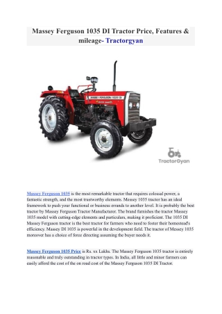 Massey Ferguson 1035 DI Tractor Price, Features & mileage- Tractorgyan