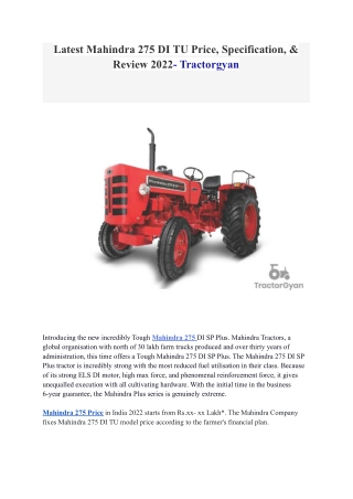 Latest Mahindra 275 DI TU Price, Specification, & Review 2022- Tractorgyan