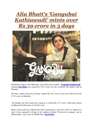 Alia Bhatt's 'Gangubai Kathiawadi' mints over Rs 39 crore in 3 days