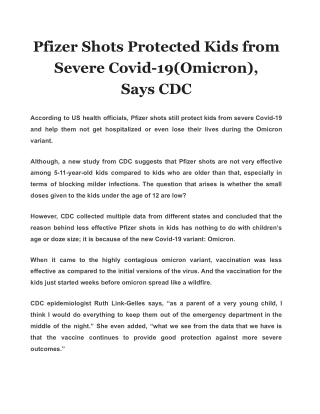 Pfizer Shots Protected Kids from Severe Covid-19(Omicron), Says CDC
