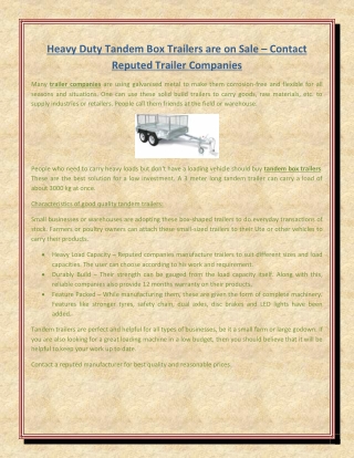 Heavy Duty Tandem Box Trailers are on Sale – Contact Reputed Trailer Companies