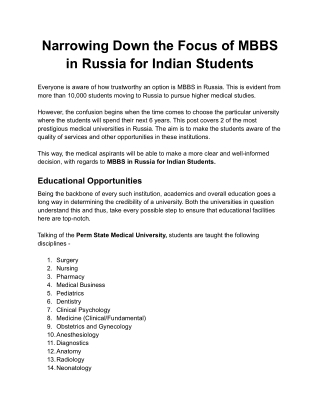Narrowing Down the Focus of MBBS in Russia for Indian Students