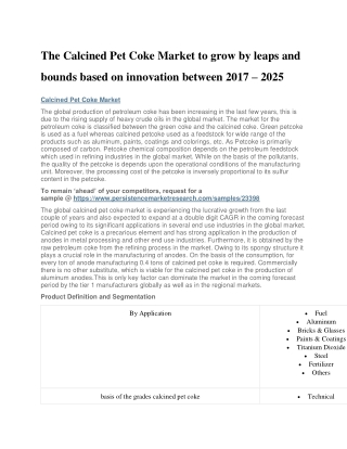 The Calcined Pet Coke Market to grow by leaps and bounds based on innovation between 2017