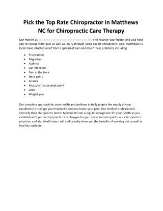 Pick the Top Rate Chiropractor in Matthews NC for Chiropractic Care Therapy