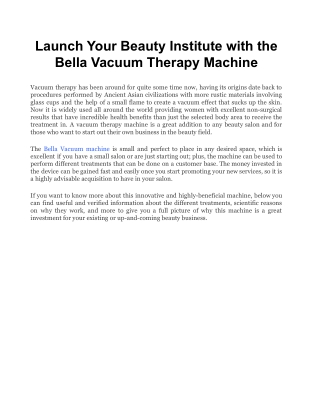 Launch Your Beauty Institute with the Bella Vacuum Therapy Machine