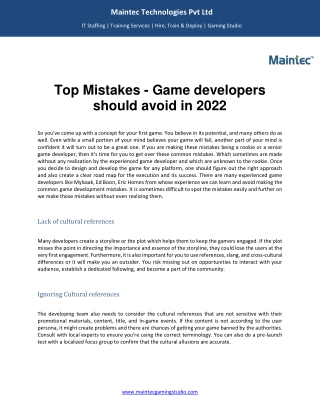 Top Mistakes - Game developers Should Avoid -Maintec Gaming Studio