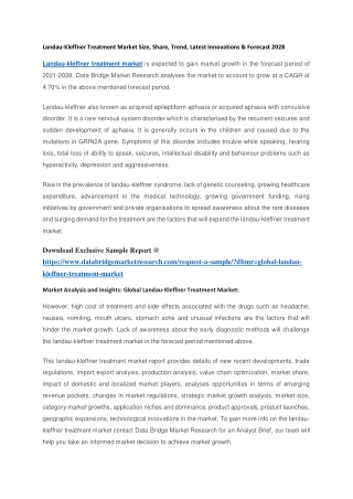 Landau-Kleffner Treatment Market Size, Share, Trend, Latest Innovations & Forecast 2028