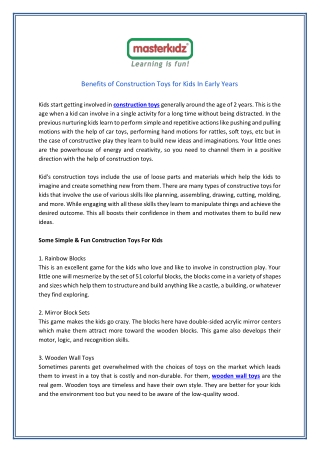Benefits of Construction Toys for Kids In Early Years