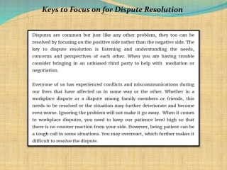 Keys to Focus on for Dispute Resolution