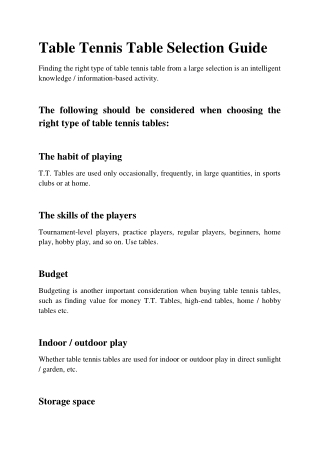 Table Tennis Table Selection Guide