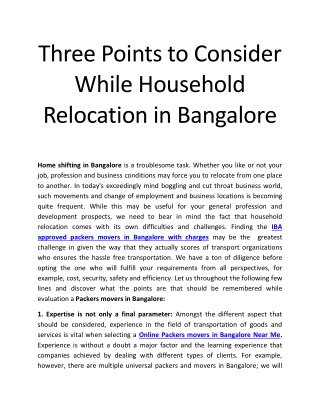 Three Points to Consider While Household Relocation in Bangalore