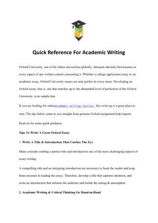 Quick Reference For Academic Writing