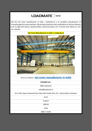 Eot Crane Manufacturer In India  Loadmate.in