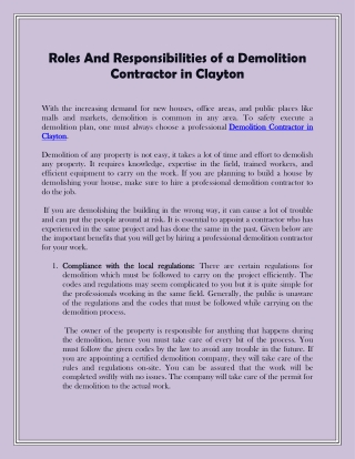 Roles And Responsibilities of a Demolition Contractor in Clayton