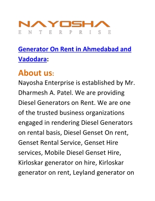 Generator On Rent in Ahmedabad and Vadodara