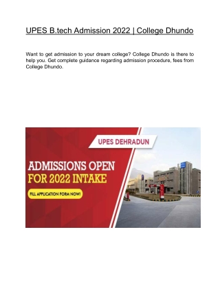 UPES B.tech Admission 2022 | College Dhundo