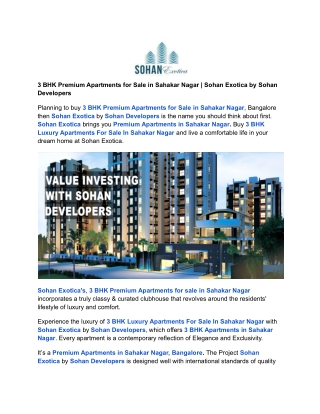 3 BHK Premium Apartments for Sale in Sahakar Nagar _ Sohan Exotica by Sohan Developers