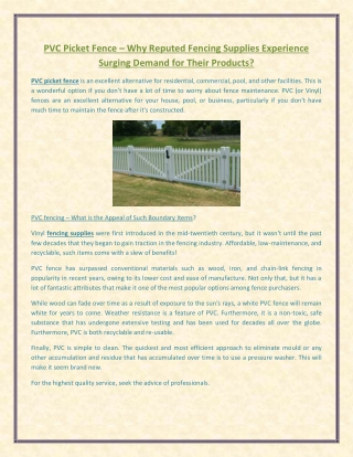 PVC Picket Fence – Why Reputed Fencing Supplies Experience Surging Demand for Their Products