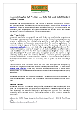 Sensomatic Supplies High-Precision Load Cells that Meet Global Standards and Best Practices