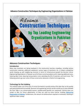 Advance Construction Techniques by Engineering Organizations in Pakistan