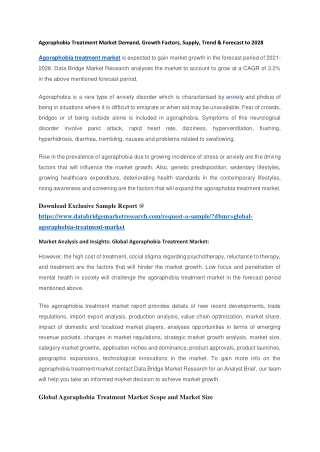 Agoraphobia Treatment Market Demand, Growth Factors, Supply, Trend & Forecast to 2028