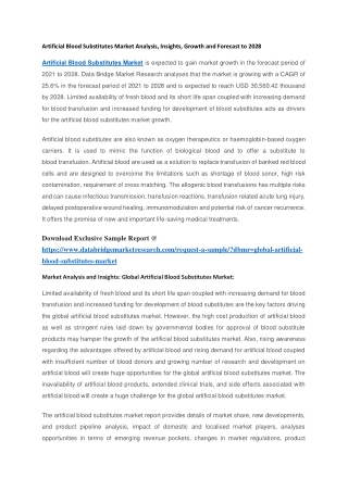 Artificial Blood Substitutes Market Analysis, Insights, Growth and Forecast to 2028