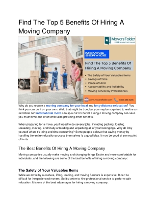 Find The Top 5 Benefits Of Hiring A Moving Company