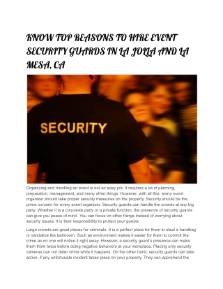 KNOW TOP REASONS TO HIRE EVENT SECURITY GUARDS IN LA JOLLA AND LA MESA, CA