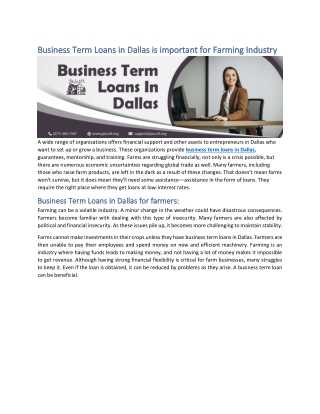 Business Term Loans in Dallas is important for Farming Industry