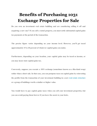 Benefits of Purchasing 1031 Exchange Properties for Sale