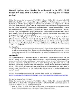 Global Hydroponics Market is estimated to be US