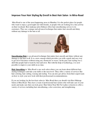 Improve Your Hair Styling By Enroll in Best Hair Salon  in Mira-Road