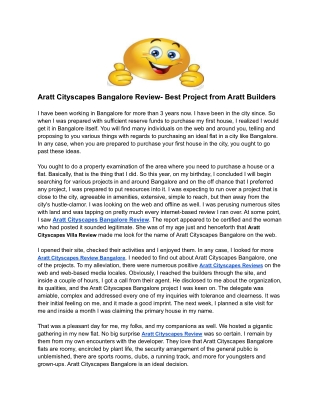 Aratt Cityscapes Bangalore Review- Best Project from Aratt Builders