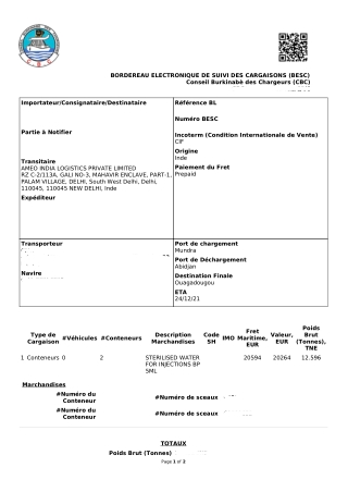 Certificate of Burkina Faso  - Ameo India Logistics