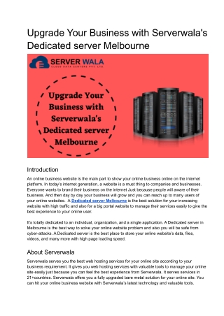 Upgrade Your Business with Serverwala's Dedicated server Melbourne