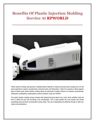 Benefits Of Plastic Injection Molding Service At RPWORLD