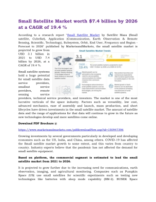 Small Satellite Market worth $7.4 billion by 2026 at a CAGR of 19.4 %